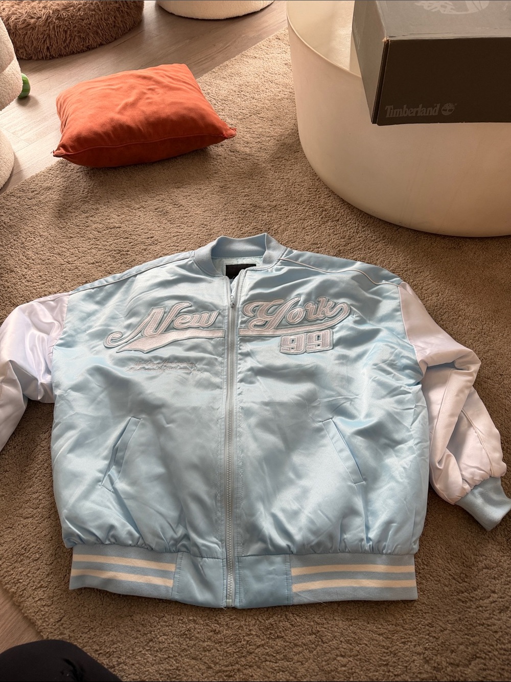 Boohoo Light Blue and White Satin 'New York' Varsity Bomber Jacket